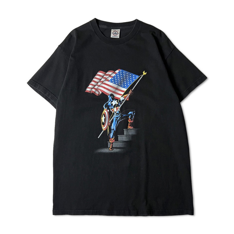 00s MARVEL オフィシャル キャプテンアメリカ プリント 半袖 Tシャツ L / 00年代 オールド キャラクター キャラ アメコミ ブラック