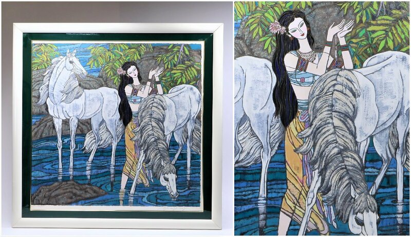 ザン・ホンビン「美女と白馬」193/300 リトグラフ 大型額装品 / Zhang Hongbin 大判リト 中国