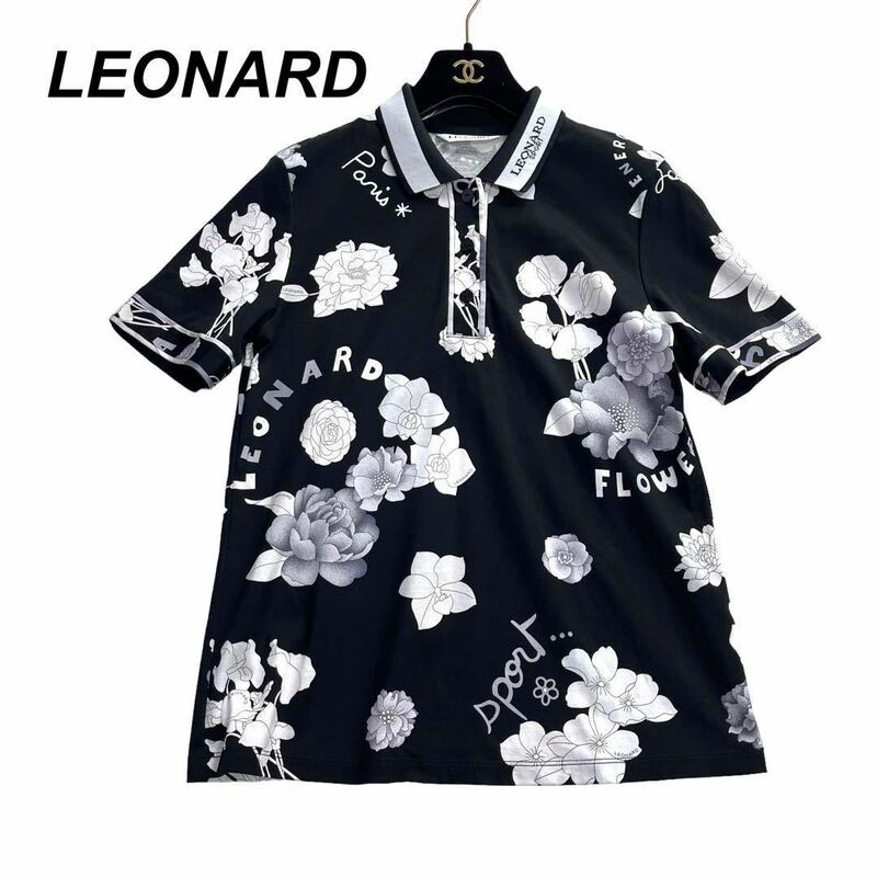 美品　LEONARD SPORT レオナール スポーツ　半袖ポロシャツ　ゴルフ　花柄プリント　ロゴ　ホワイト 白　ブラック　黒　日本製　サイズ2