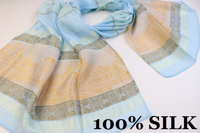新品【SILK シルク100%】アンコールワット 幾何学柄 薄手 スカーフ/ストール アイスブルー系 ゴールド ホワイト
