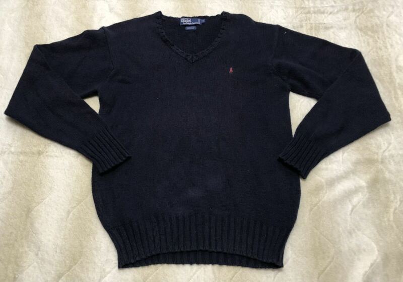 ☆POLO RALPH LAUREN☆ポロ ラルフローレン Vネック ニット セーター L 紺系 V首 コットン ヴィンテージ