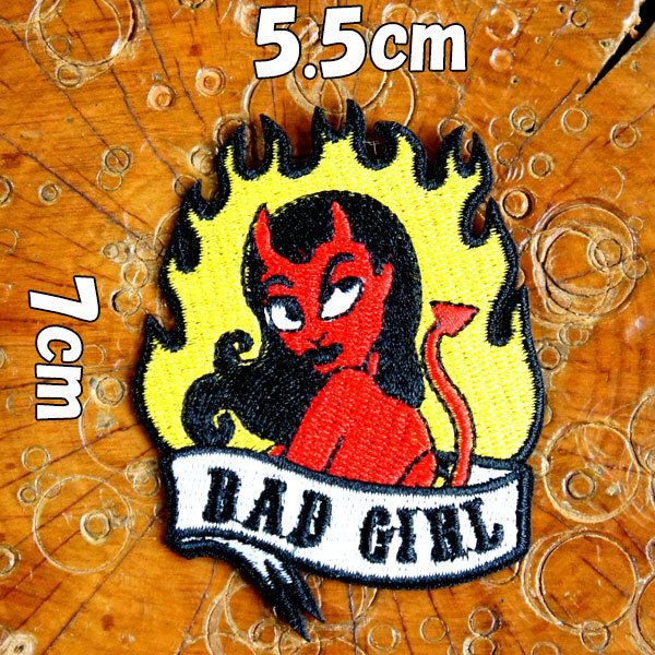 刺繍アイロンワッペン アップリケ パッチ【BAD GIRL/悪い女の子】デビルガール レッドデビル サイコビリー アメカジ wappen 糊付き