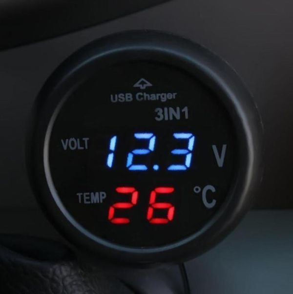 EV048:LEDデジタル電圧計 12v/24v シガーソケット デュアルデジタル表示