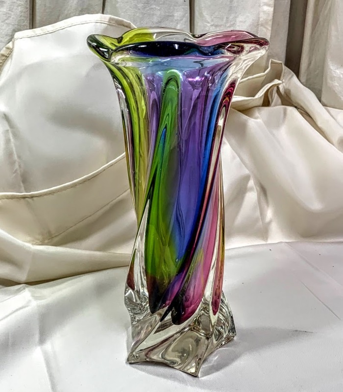 レトロ Vintage 手作り Art Glass/アートガラス ねじり 虹彩 グラデーション 気泡有 花器/花瓶 オブジェ コレクション モダン Flower Vase