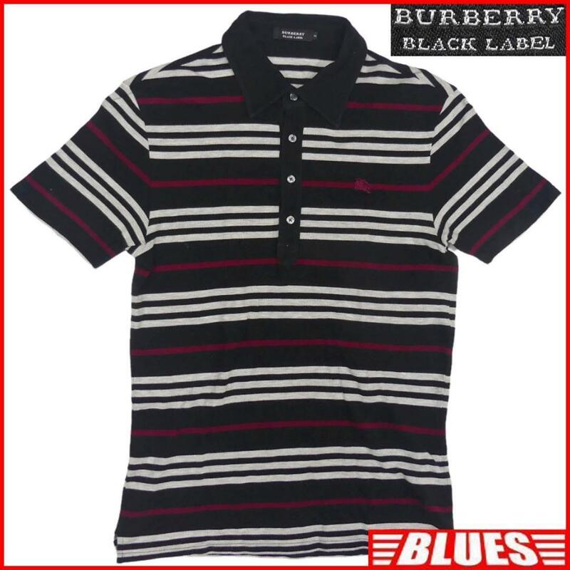 即決★BURBERRY BLACK LABEL★メンズM 廃版 ポロシャツ バーバリーブラックレーベル 2 黒 ボーダー柄 白 赤 三陽商会 ナイト刺繍 半袖