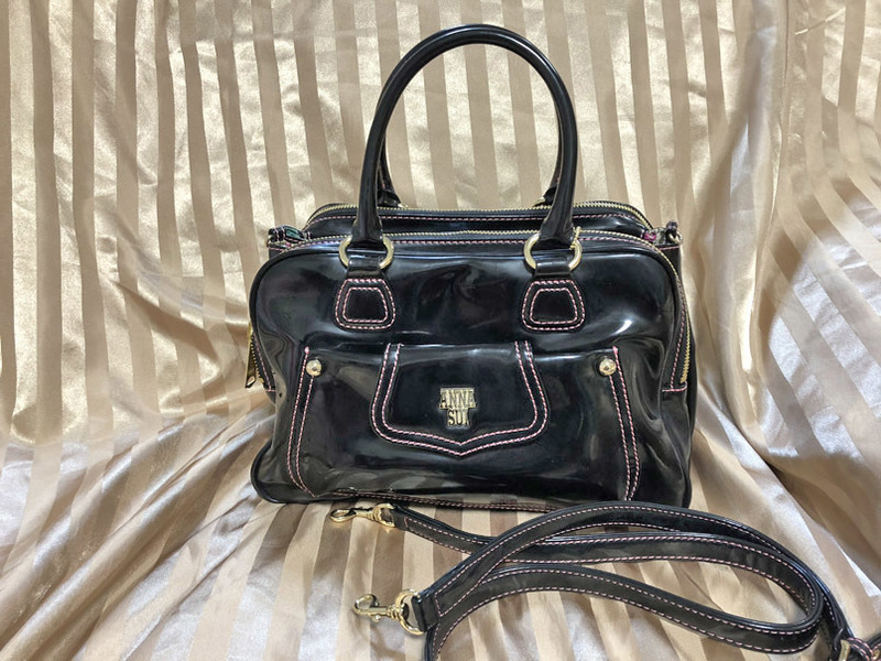 ANNA SUI アナスイ ショルダーバッグ パープル パテント 2way ビニールバッグ ハンドバッグ エナメルバッグ さくらんぼ チェリー 黒