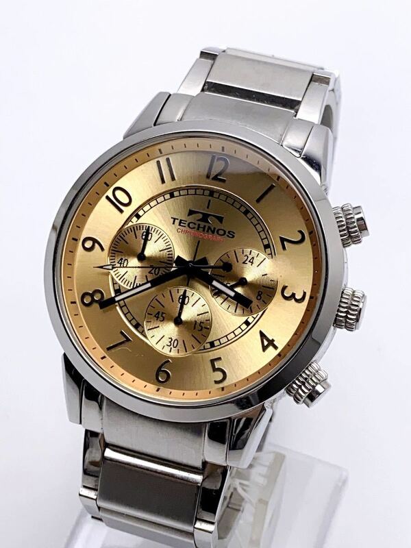 T533 美品 TECHNOS テクノス クロノグラフ 腕時計 ゴールド文字盤 クオーツ 希少