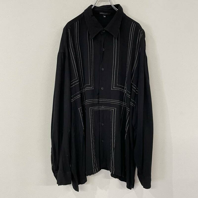 ビンテージ　thread & stitch デザイン　レーヨン　長袖シャツ　刺繍　ビッグサイズ　ブラック　230509
