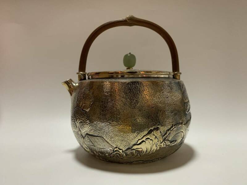 時代 純銀製 山水浮彫 玉摘 湯沸 工芸品 美術品 銀瓶 煎茶道具