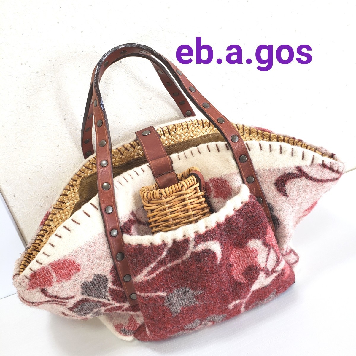 美品◆ebagos エバゴス 帽子帽体 ウール＆かご×牛革レザー カゴバッグ ハンドバッグ トートバッグ 手提げバッグ 鞄 eb.a.gos