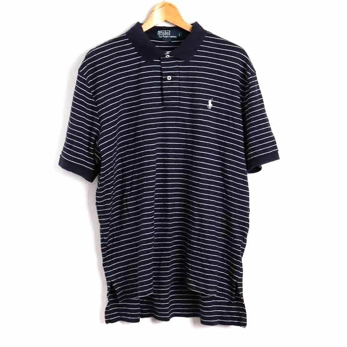 ポロバイラルフローレン 半袖ポロシャツ ボーダー ポニーロゴ トップス アメリカ買付品 メンズ Lサイズ ネイビー Polo by Ralph Lauren