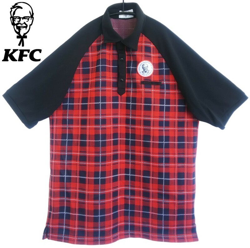 【非売品】KFC*サイズL*ポロシャツ*ユニセックス*チェック柄*トップス*Tシャツ*ウェア*制服*カーネルサンダースワッペン*ケンタッキー#5698