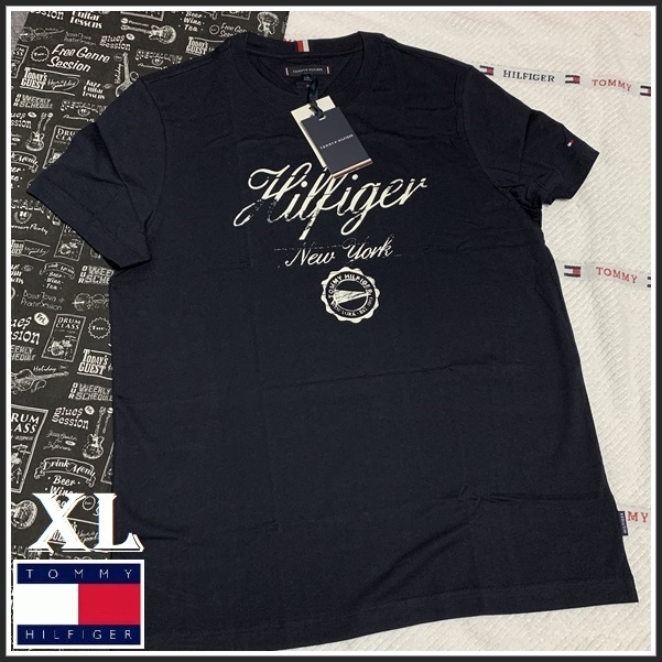 ビンテージ仕上げのグランジプリントTシャツ ネイビー　XLサイズ　TOMMY HILFIGER #ngTOMMY