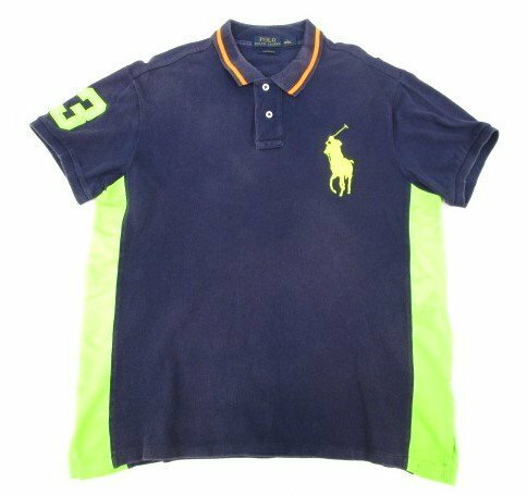 [即日発送] POLO RALPH LAUREN CUSTOM FIT ラルフローレン メンズ トップス ポロシャツ 半袖 胸元ロゴ 紺 ネイビー 蛍光ライン L 371