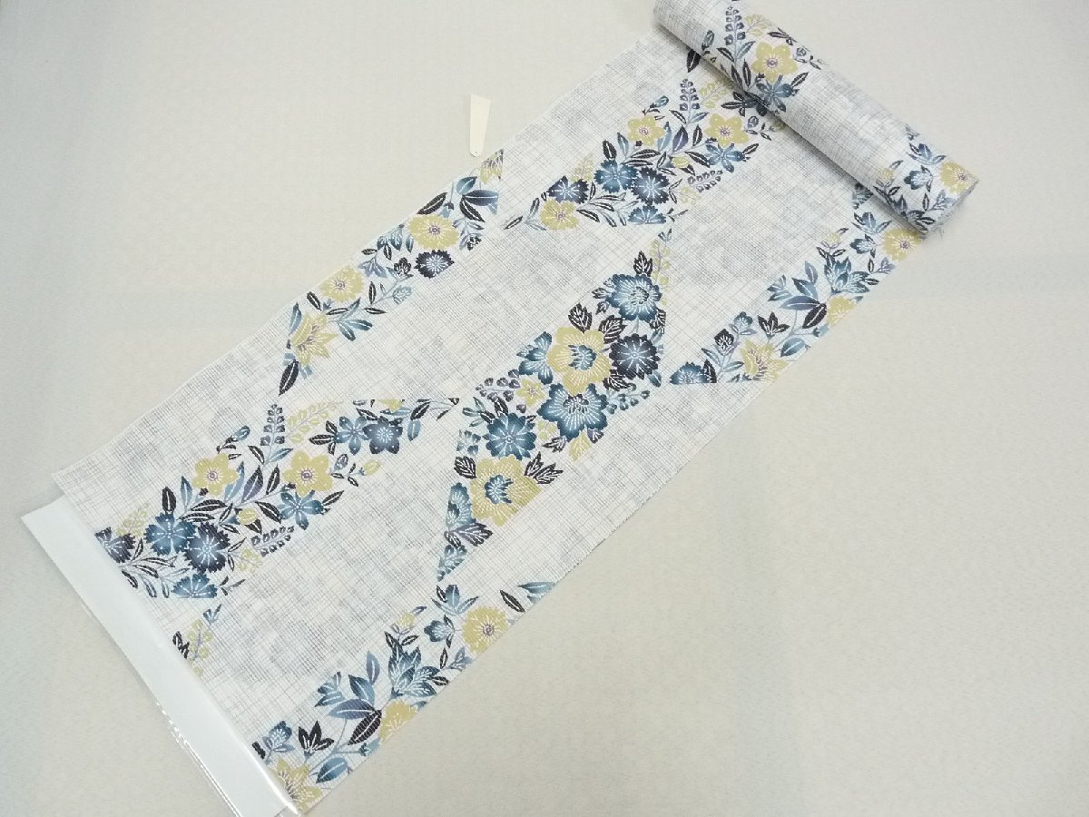 まゆの四季/新品/日本製/浜松染め/手捺染/型染め/シルクスクリーン/反物/綿絽/五本絽23-5雨格子に秋草-白地に鉄紺色と黄土色