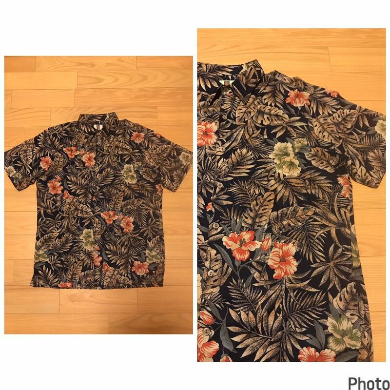 美品☆HAWAII.USA製／TORI RICHARD EST.1956・M大き目.日本L〜並　薄手ローン地.半袖シャツ型アロハシャツ リーフ他葉.花総柄 ボタニカル調