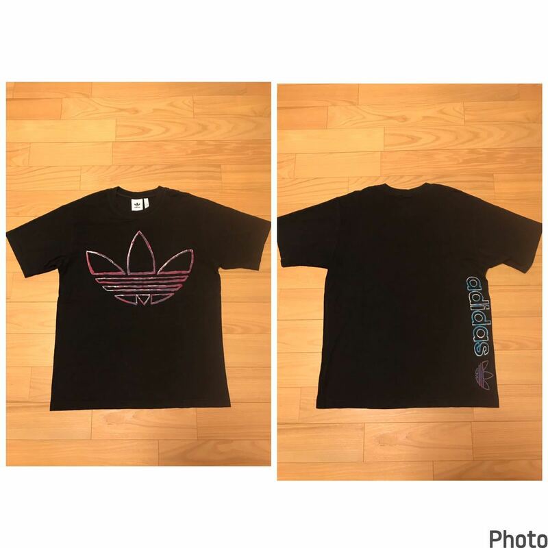 良品☆adidas／アディダス PAKAIAN・JPNサイズXO.メンズXL寸 半袖Tシャツ 希少90s風両面超BIGロゴプリント入 三つ葉マークウォーターカラー