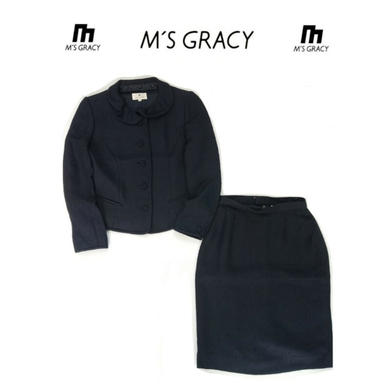 M'S GRACY エムズグレイシー 濃紺 スカート スーツ サイズ9号 入学式 卒園式 卒業式 入園式 面接 フォーマル 控えめラメ ノーカラーも可
