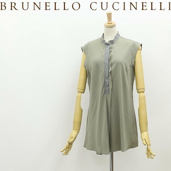 ◆BRUNELLO CUCINELLI ブルネロクチネリ ビーズ装飾 バックタック ノースリーブ ブラウス トップス カーキ