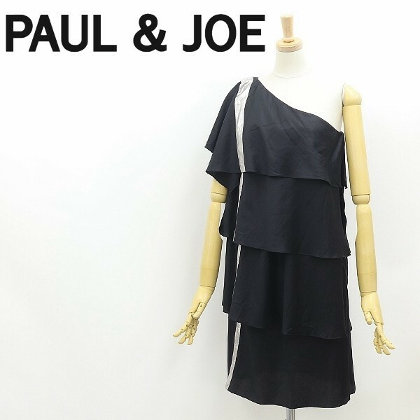 ◆PAUL&JOE ポール＆ジョー ワンショルダー ティアード ドレス ワンピース 黒 ブラック×シルバー 36