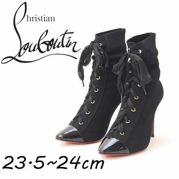 ◆Christian Louboutin クリスチャン ルブタン ニット×エナメル レースアップ ハイヒール ソックス ブーツ 黒 ブラック 37 1/2