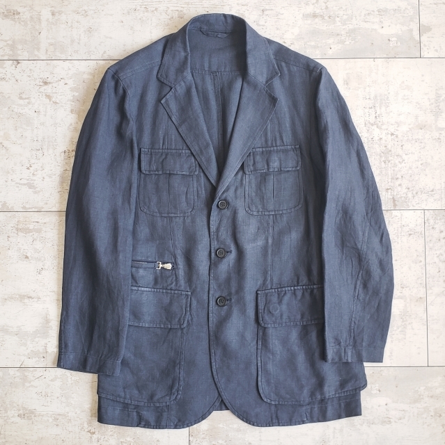 ベルベスト Belvest リネン100% サファリ ジャケット 44 7R イタリア製 ネイビー 春夏