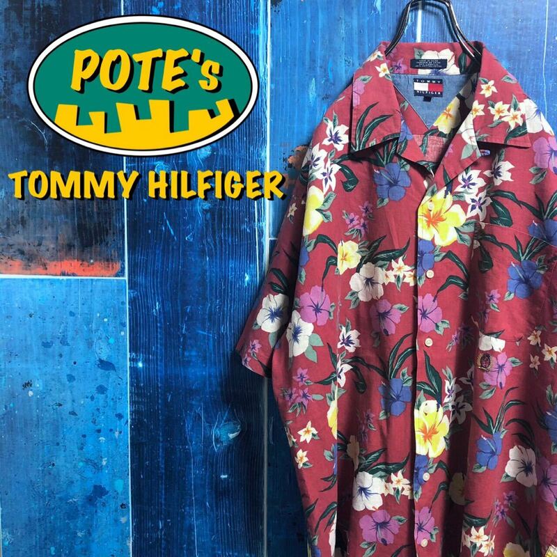【トミーヒルフィガー】刺繍ロゴ半袖花柄コットンリネンオープンカラーアロハシャツ 90s 半袖シャツ