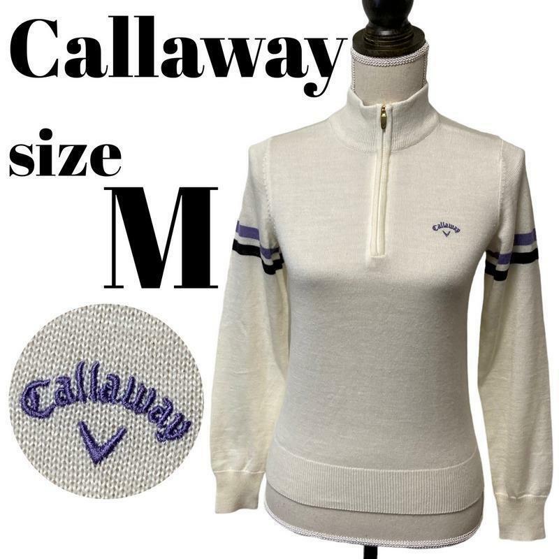 【GOLFウェア】Callaway キャロウェイ ハーフジップ ニット セーター 長袖 ロゴ 刺繍 Mサイズ レディース