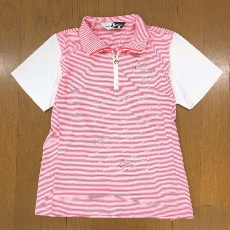 Black&White ブラック&ホワイト ビジュー装飾 ストレッチ ゴルフシャツ 1(S) ホワイト×ピンク 半袖 カットソー Tシャツ ポロシャツ 女性用