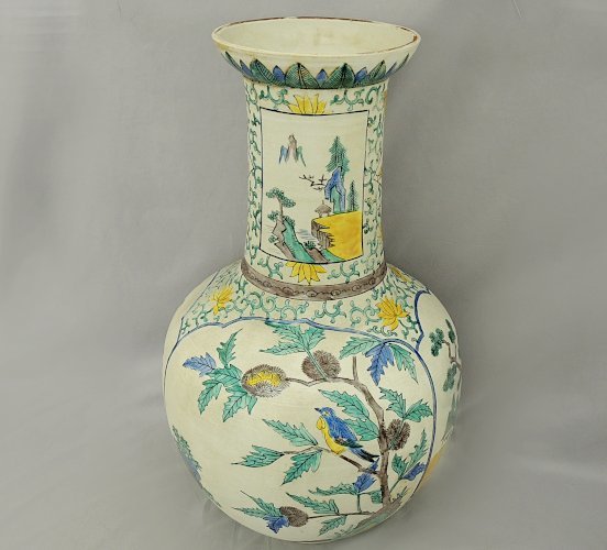 九谷焼 花瓶 45cm 艶消し 艶無し 角幅 九谷 花鳥 KUTANI WARE 壺 花器 色絵 飾り壺 インテリア 中古