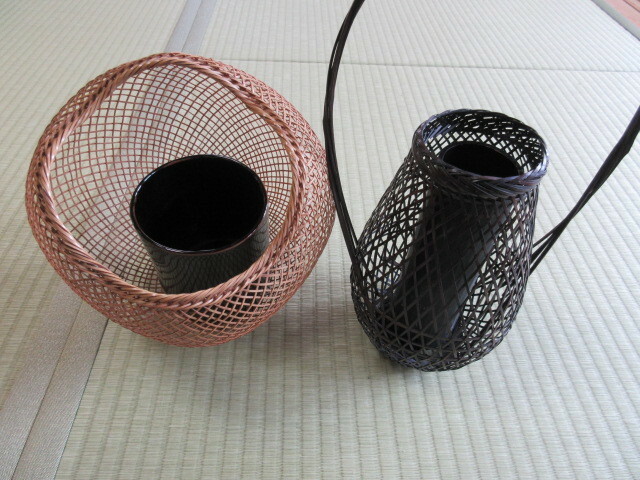 華道具　花器2点　竹製　輪口編み　中筒付き　花瓶　花入れ