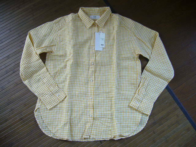 64-61♂：新品 未使用　 UNIQLO ユニクロ 春夏 長袖 麻100%　リネン　size.L　色.黄色ギンガムチェック　参考上代￥2990