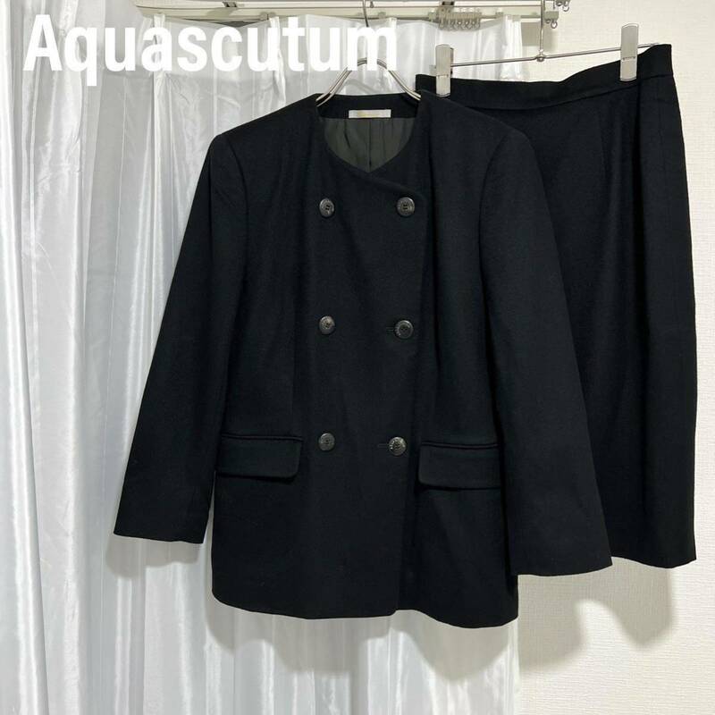 Aquascutum アクアスキュータム　 セットアップスーツ ノーカラージャケット ダブルブレスト　コート ロングコート　カシミヤ スカート
