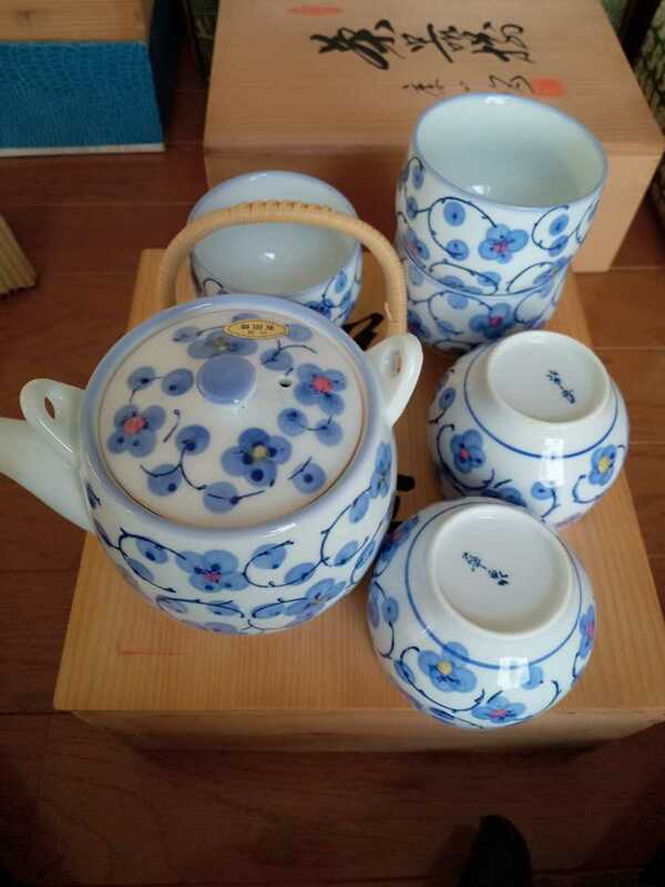 昭和レトロ　茶器セット　ブルー花柄　どびん１　湯呑５