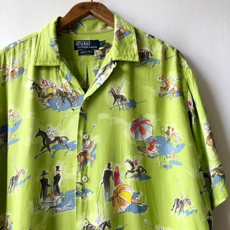 90s Polo by Ralph Lauren ポロ観戦 ループカラー レーヨン 半袖 シャツ L イタリア製 ビンテージ 90年代 ポロ ラルフローレン 開襟 風景柄