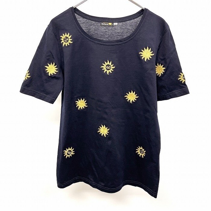 McDavid Tシャツ カットソー ロゴ 太陽の刺繍 Uネック 半袖 ショートスリーブ 36 ネイビー(ラメ糸刺繍：ゴールド) 紺 レディース 女性