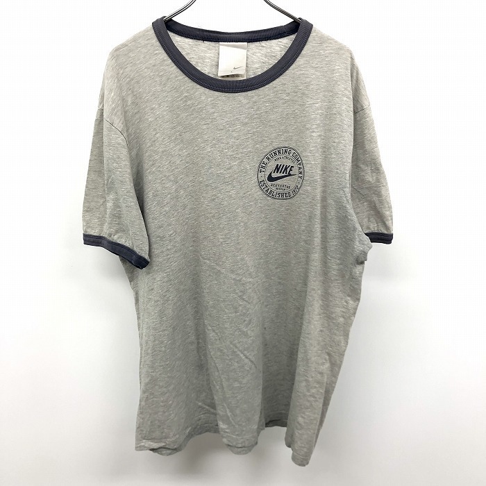 ナイキ NIKE Tシャツ カットソー ロゴプリント 丸首 半袖 ショートスリーブ 綿100% コットン L ヘザーグレー×ネイビー 杢グレー メンズ