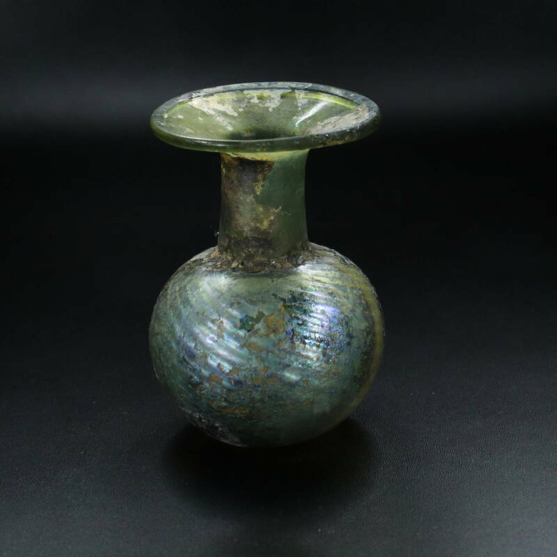 ■ 西洋骨董 ■　古代ローマンガラス 広口波状地紋 銀化小瓶　＜230512026＞