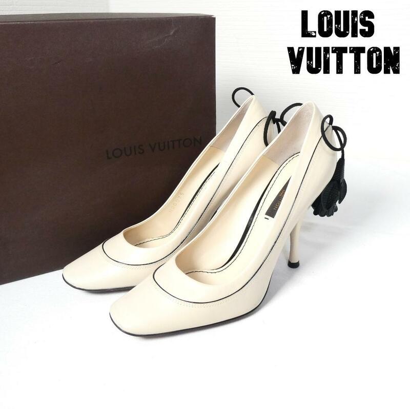 極美品 Louis Vuitton ルイヴィトン サイズ35.5 約23㎝ スクエアトゥ ハイヒール パンプス レザー タッセル アイボリー