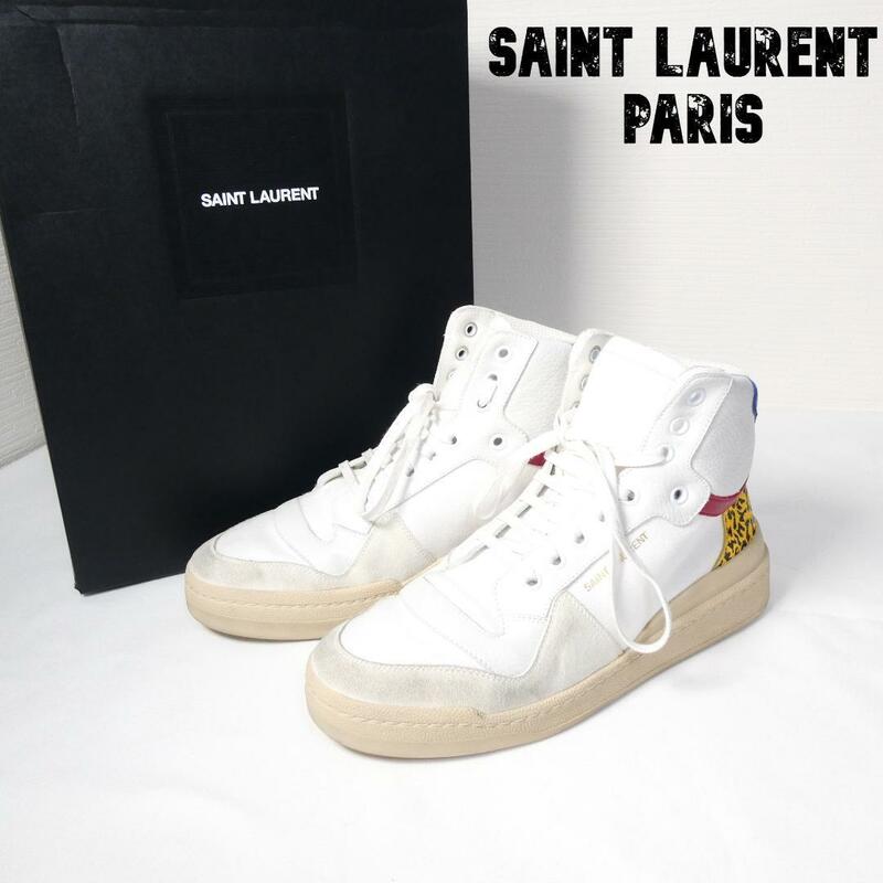 美品 SAINT LAURENT PARIS サンローランパリ 39.5 約24.5～25㎝ レザー キャンバス レースアップ ミッドトップ スニーカー オフホワイト