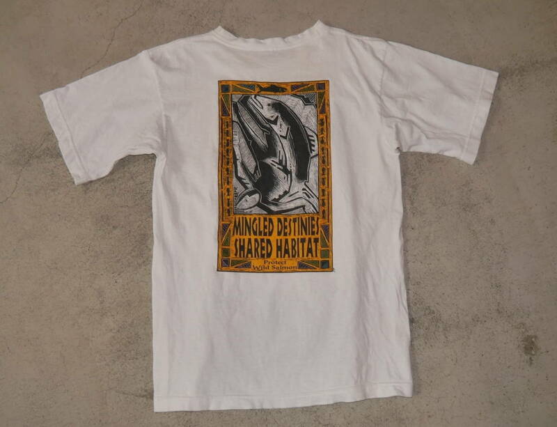 90年代PatagoniaサーモンTシャツSサイズMADE IN USAアメリカ製Oldビンテージ古着ACG90s鮭パタロハ版画patalohaレア魚シュイナードCHOUINARD