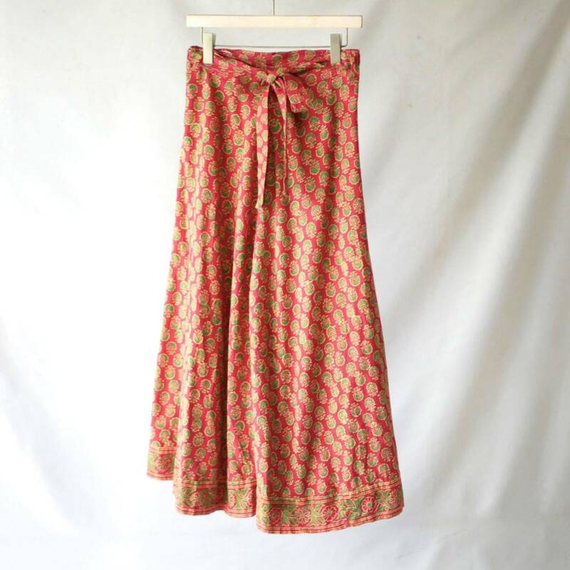 60s vintage インド綿　ラップスカート　マキシスカート　巻きスカート　赤　グリーン　ヴィンテージ　エスニック