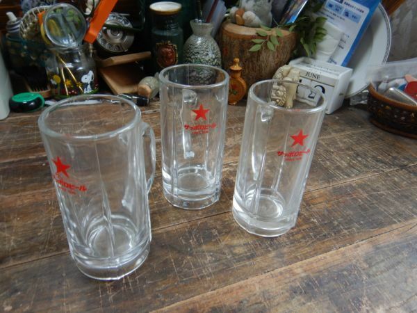 サッポロ　赤星　旧ビールジョッキ　400ml 三つセット　sapporo ガラス　ビールグラス　BEER 昭和レトロ　日本製 made in japan 人気の高い