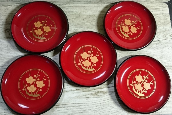昭和レトロ　和菓子皿　梅の花　５枚セット/お茶席/合成漆器/未使用
