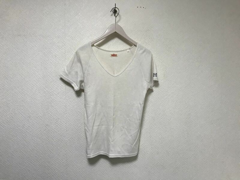 本物ハリウッドランチマーケットHRMコットンVネック半袖Tシャツメンズアメカジサーフミリタリーワークインナー白ホワイト2M日本製