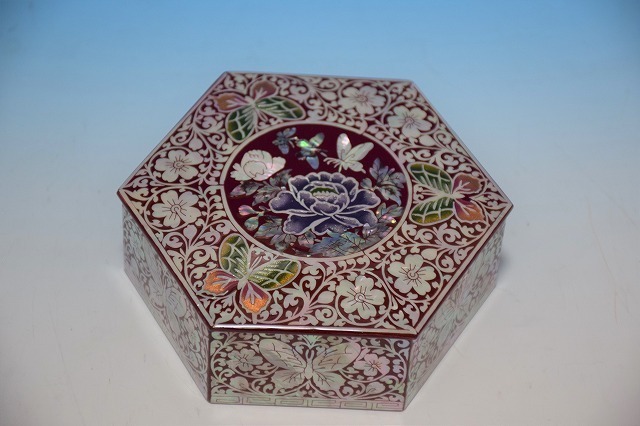 ◆■◆韓国　伝統工芸■螺鈿ミニ小物宝石箱■６角形・蝶朱・大◆ ■◆