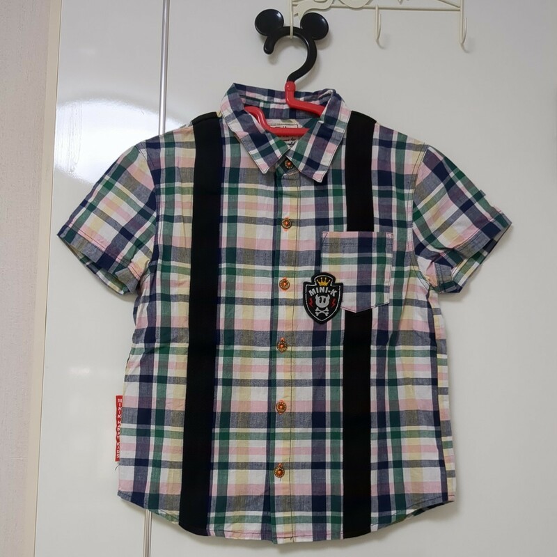 【送料無料】 MINI-K ミニケー チェク柄 半袖シャツ 130サイズ 男の子 本体 綿100 サスペンダーデザイン ワッペン 
