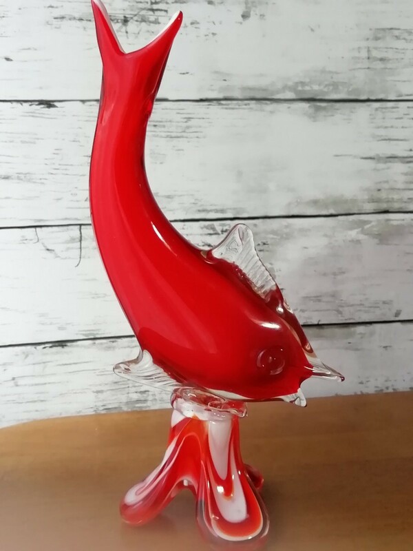 ガラス製 フラワーベース レッド 赤色 さかな 花瓶 一輪挿し フィッシュ インテリア 深紅 オブジェ 希少品 red glass fish vase 送料込み