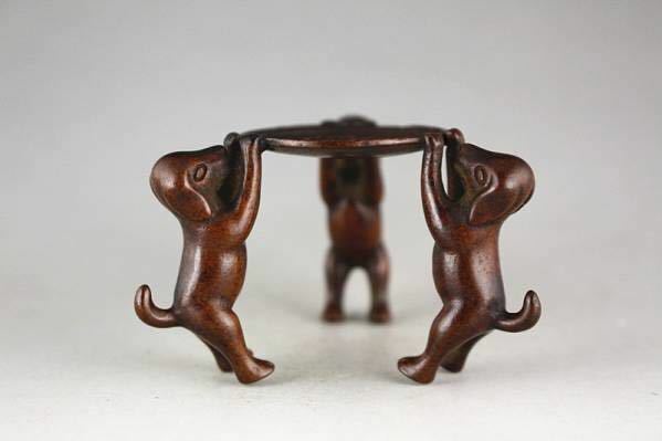 極美古銅煎茶道具質感細工三匹の子犬　茶道　銅蓋置