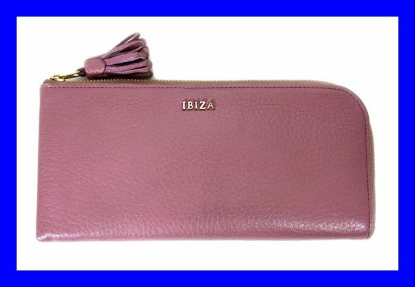 ●美品 イビザ IBIZA フリンジ付き二つ折り長財布 薄型L字ファスナージップロングウォレット レザー 革 ピンクローズ Z3433